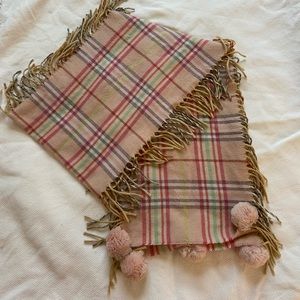Pink plaid scarf with with rabbit fur puff